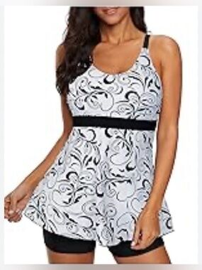 Black & White Patterned Swim Tunic with Shorts